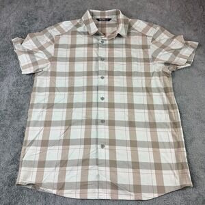Arcteryx Mens Large Short Sleeve Plaid Button Down Shirt Beige Tan Blue Gorpcore